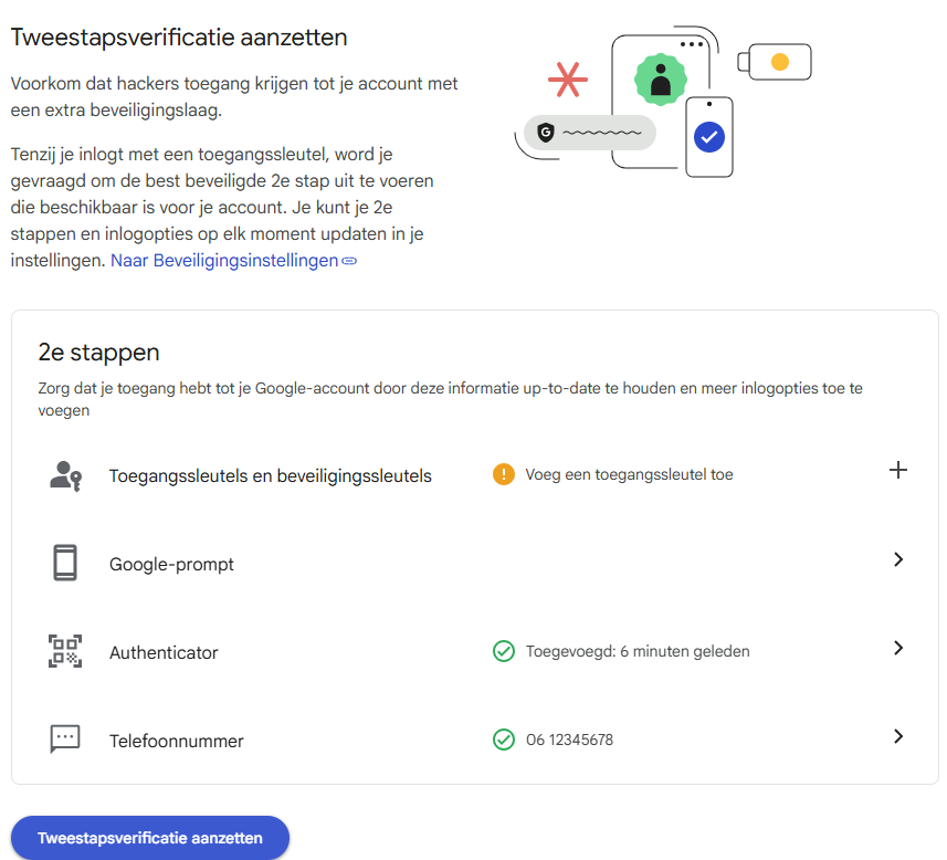 Stap 16: Tweestapsverificatie aanzetten knop